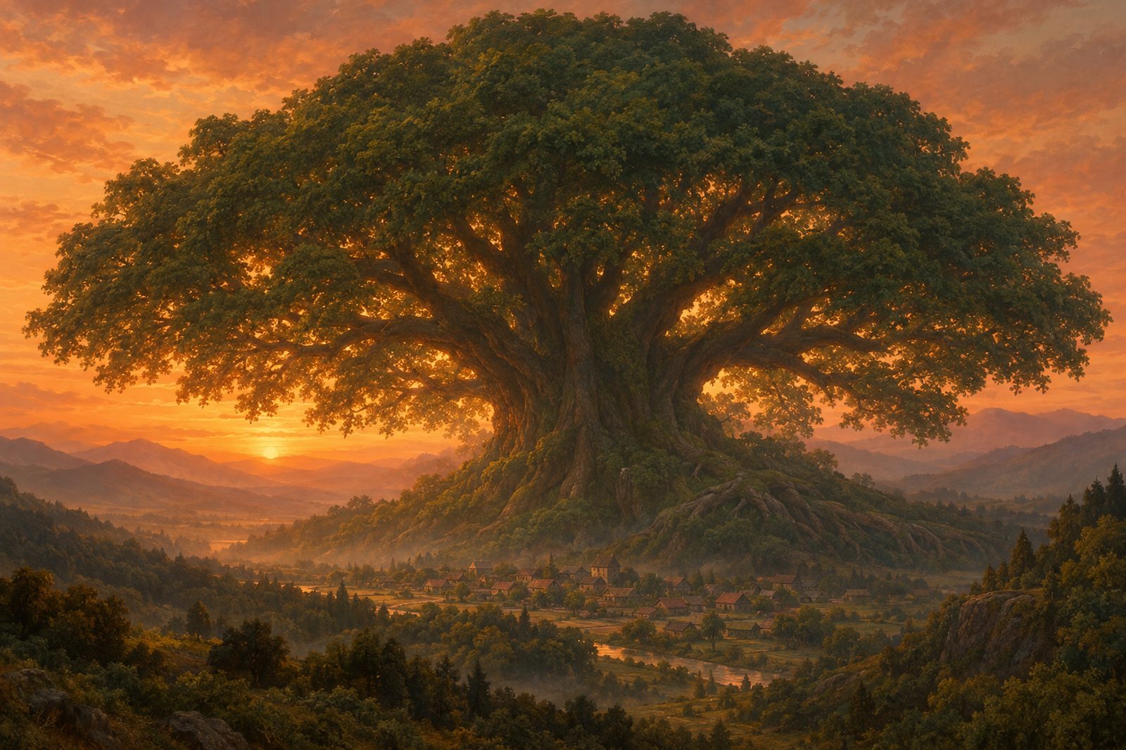 Ein großer Baum, der sich über ein Dorf in der Landschaft erhebt, als Sinnbild für eine mögliche Gesellschaft
